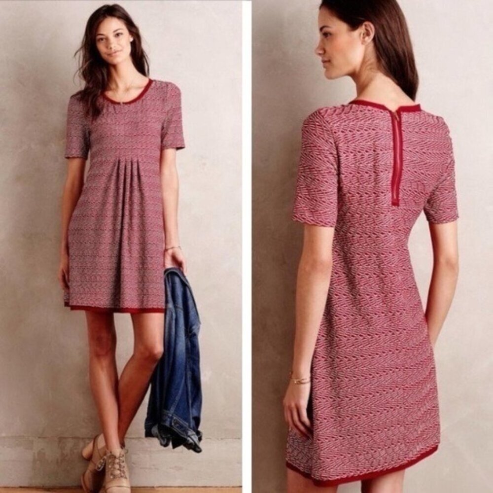 Maeve Dora Knit Mini Dress XL Short Sleeve Wine Bordeaux A-Line Pleated